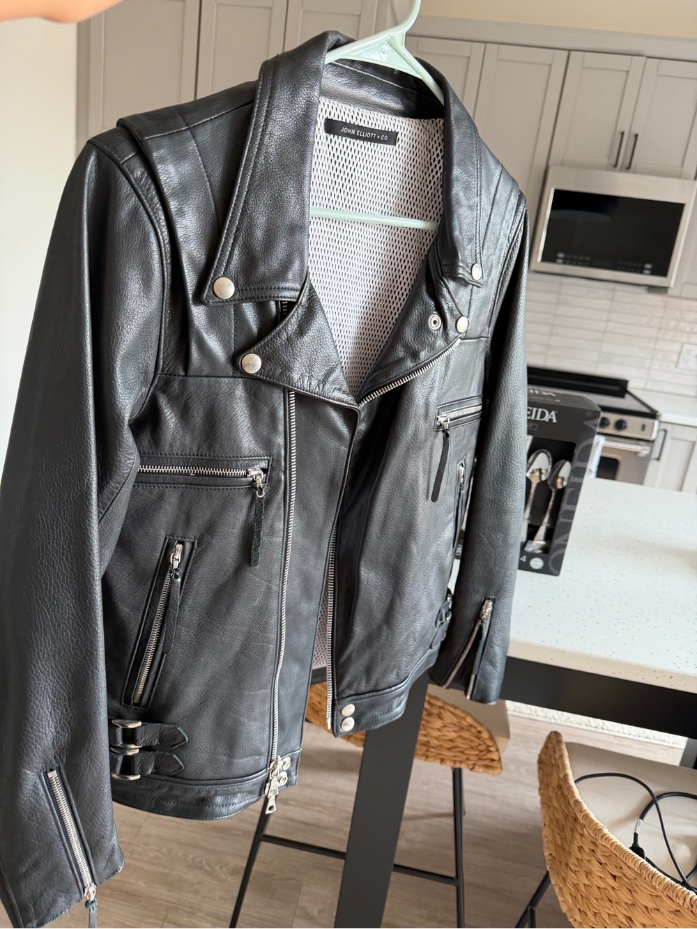 John Elliott Black Leather Bomber-Style Moto Jacket